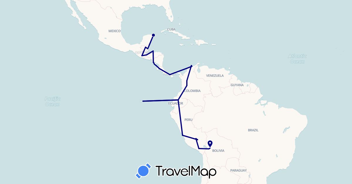 TravelMap itinerary: driving in Bolivia, Belize, Colombia, Costa Rica, Ecuador, Guatemala, Honduras, Mexico, Nicaragua, Panama, Peru (North America, South America)
